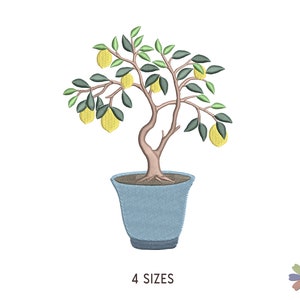 May include: A potted lemon tree with green leaves and yellow lemons. The tree is in a blue pot with a brown base. The text "4 SIZES" is below the pot.