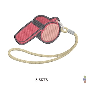 May include: A red whistle with a black trim and a beige lanyard. The whistle has a round, black mouthpiece. 3 SIZES.
