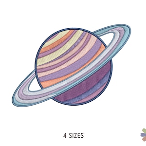 May include: A colorful embroidered patch of a planet with rings. The planet is a light purple with orange, pink, and yellow stripes. The rings are a light blue with a darker blue outline.