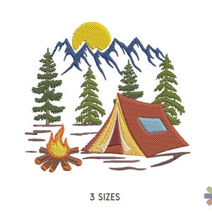 May include: Embroidered design of a red and yellow tent with a blue window, a campfire, and pine trees in front of a mountain range with a yellow sun.