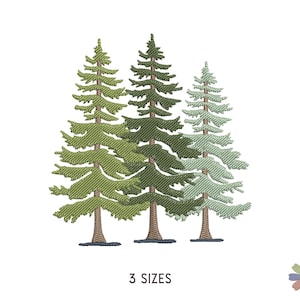 May include: Three green, blue, and gray embroidered pine trees with brown trunks. The trees are arranged in a row, with the tallest tree in the center. The trees are on a white background. 3 SIZES.