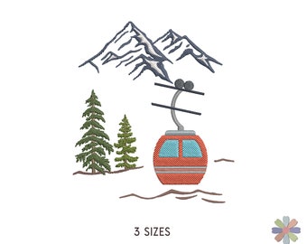 Ski Lift Elevator and Skiing in Mountains on Holidays Embroidery Design. Machine Embroidery Lifestyle Pattern. Instant Download Digital File