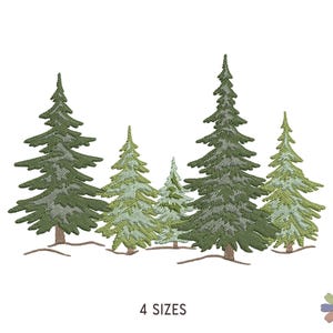 May include: An embroidery design featuring a cluster of five evergreen trees in varying shades of green, with brown trunks and light green highlights on the branches. The text 4 SIZES is printed in black below the trees, with a small flower icon.