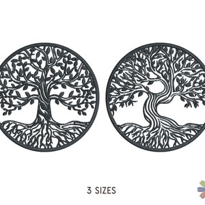 May include: Two black and white embroidery designs of a tree of life with intricate branches and roots. The designs are in a circle shape and are perfect for embroidery projects.
