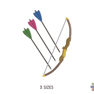 May include: A brown bow and arrow with three arrows, one blue, one pink, and one green.