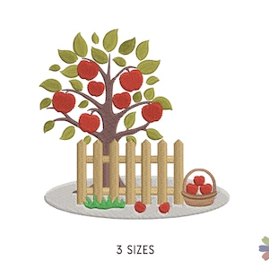 Appelboom en rustiek hek borduurwerk ontwerp. Machineborduurpatroon. Natuur scène. Bestanden in meerdere formaten. Digitaal bestand direct downloaden