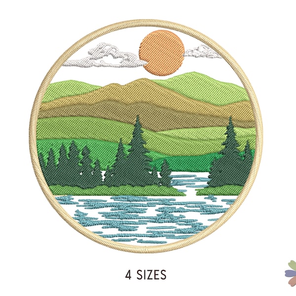 Landscape with Forest Lake and Fields Embroidery Design. Machine Embroidery Forest Pattern. Nature Scene. Instant Download Digital File