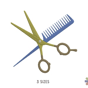 May include: A pair of gold scissors and a blue comb, crossed over each other. The scissors have two rings and the comb has a blue handle.