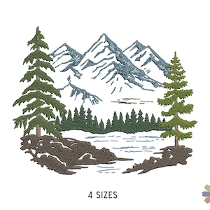 森の松の木と山々の湖の刺繍デザイン：自然の風景（マルチフォーマットパターン）