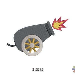 May include: A gray cannon with a yellow wheel and a red and yellow flame coming out of the barrel. The cannon is on a white background.
