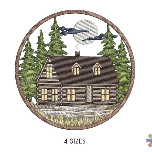 Wood Cabin in Forest at Night with Moon Embroidery Design. Machine Embroidery Forest Pattern. Nature Scene. Instant Download Digital File