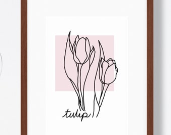 Arte de línea de flores imprimible, arte de línea de tulipán, descarga digital, arte imprimible