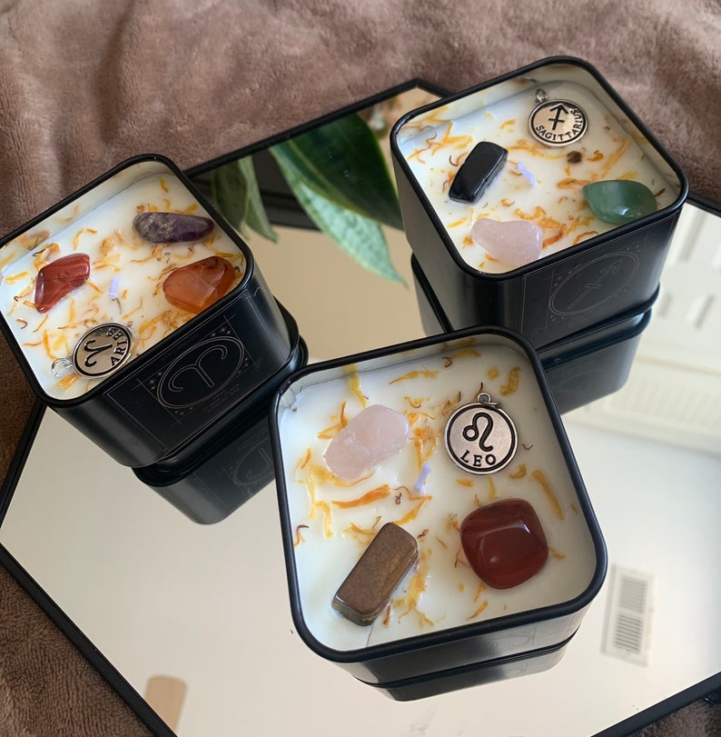 Black Owned Zodiac Candles, Crystal Infused Soy Wax Candle Aesthetic