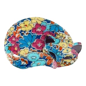 Lea Stein Paris Brooch Gomina the Cat in Clear and Black Acetate with Floral Fabric Handmade in France