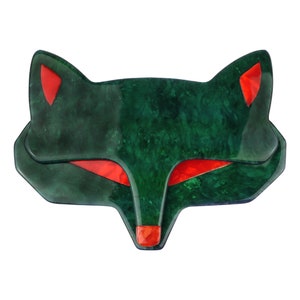 Lea Stein Paris Brooch Fox Wolf Head in Dark Marbled Green and Red Acetate Handmade in France