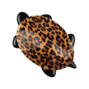 Lea Stein Paris Brooch Turtle in Black Acetate with Animal Print Fabric Handmade in France