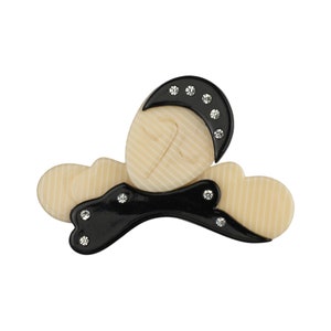Léa Stein Paris Brooch Columbina in Ivory and Black Acetate with Clear Rhinestones Vintage Handmade in France