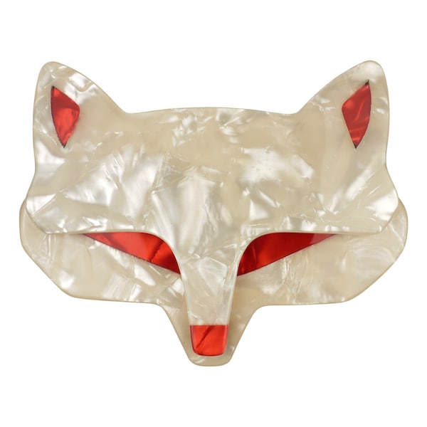 Lea Stein Paris Brooch Fox Wolf Head in Pearly Cream and Red Acetate Handmade in France