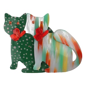 Lea Stein Paris Brooch Double Watching Cat in Green and Multicolor Acetate Handmade in France