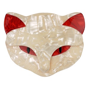 Lea Stein Paris Brooch Attila the Cat in Pearly Cream and Red Acetate Handmade in France