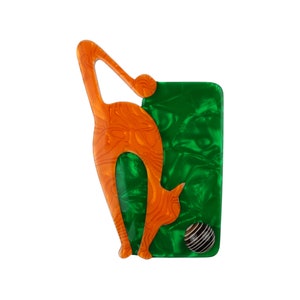 Lea Stein Paris Brooch Cat with Ball in Orange and Green Acetate Handmade in France