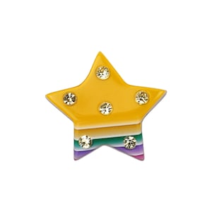 Léa Stein Paris Brooch Star in Yellow and Multicolor Layered Acetate with Clear Rhinestones Vintage Handmade in France