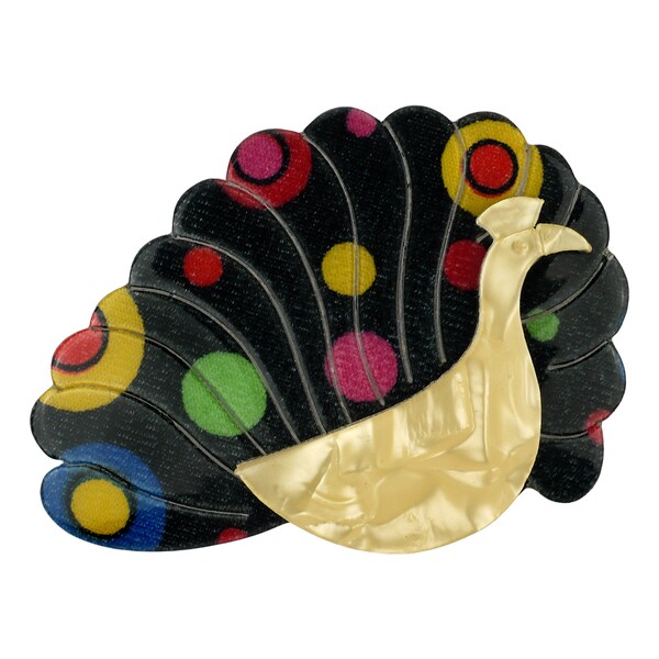 Lea Stein Paris Brooch Peacock Bird in Multicolor Fabric and Yellow Acetate Handmade in France