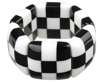 Marion Godart Wide Stretch Bracelet With Square Links in Checkered Black and White Resin Designed in Paris France