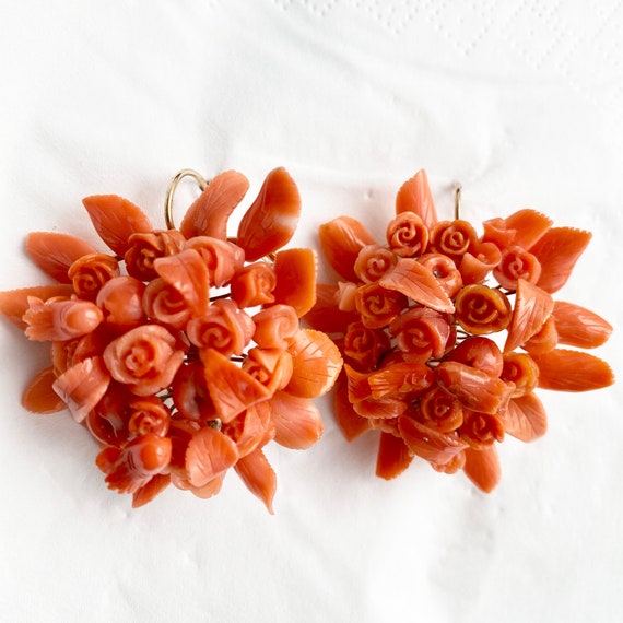 Vintage Red Coral Earrings - Elegant 14k Gold Ant… - image 1