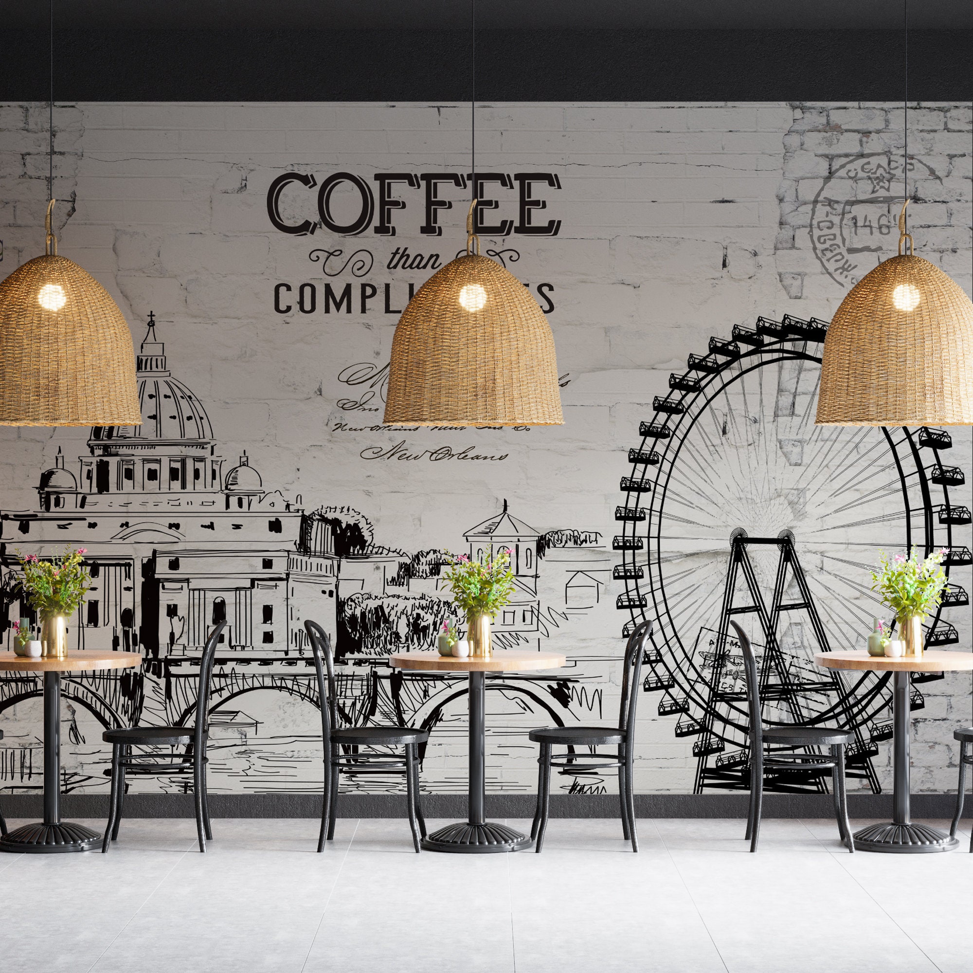 Bridge and City Landscape Wallpaper Black and White Wall Etsy