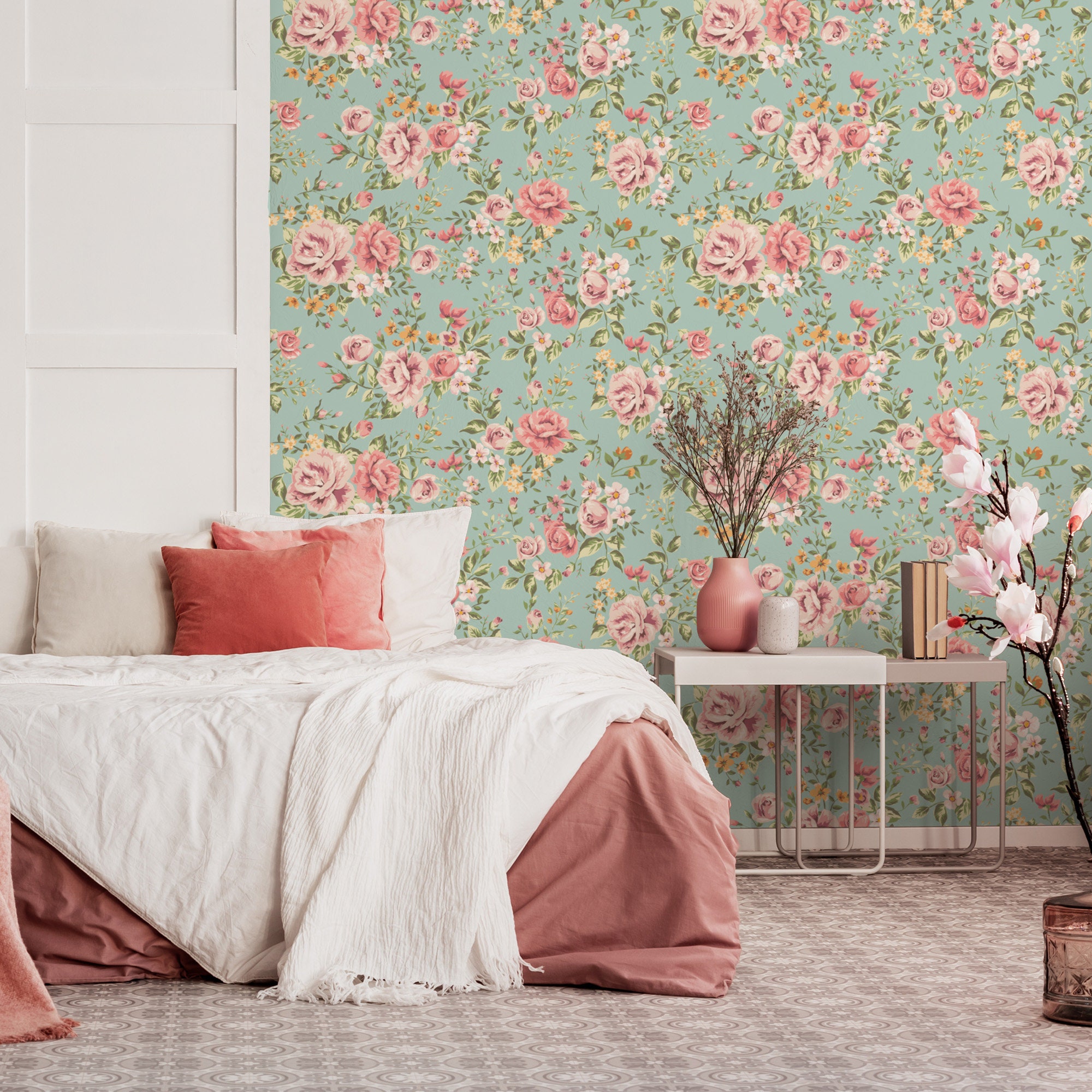 Pink Roses Wallpaper on Turquoise Background Vintage Floral Etsy
