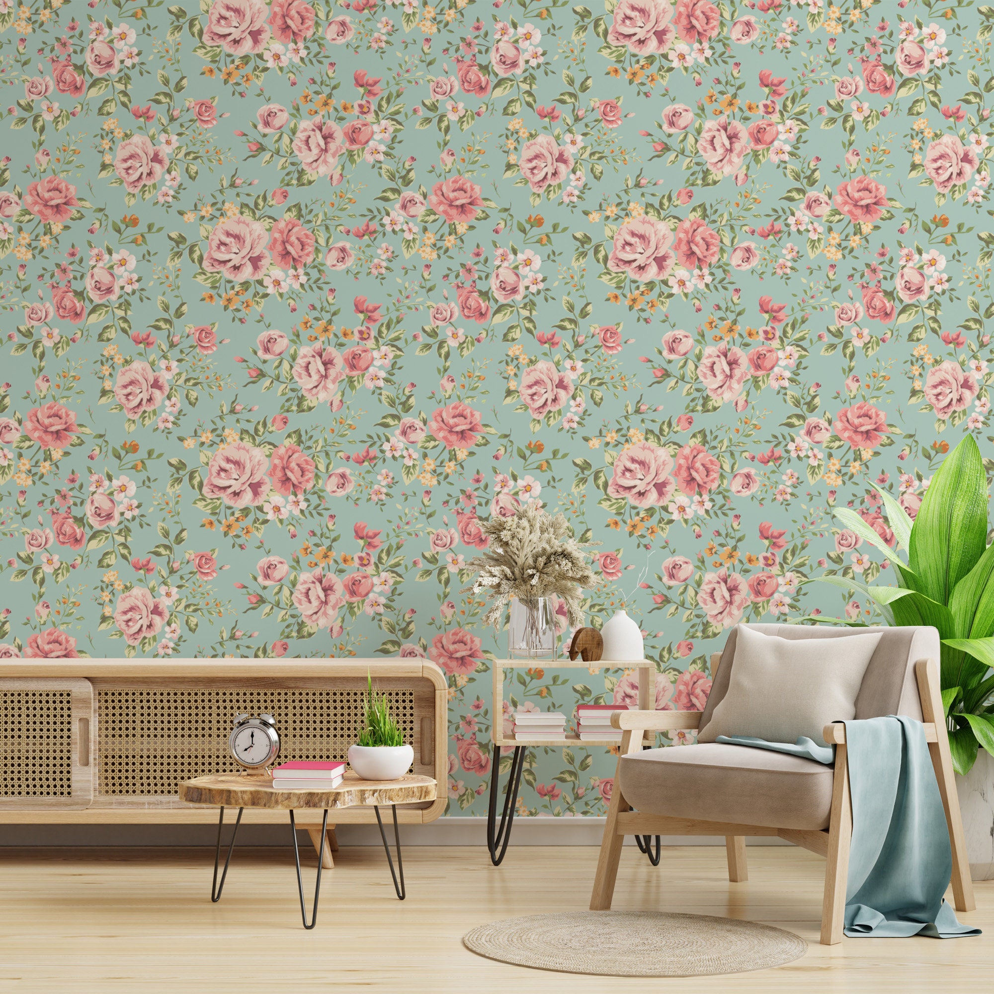 Pink Roses Wallpaper on Turquoise Background Vintage Floral Etsy
