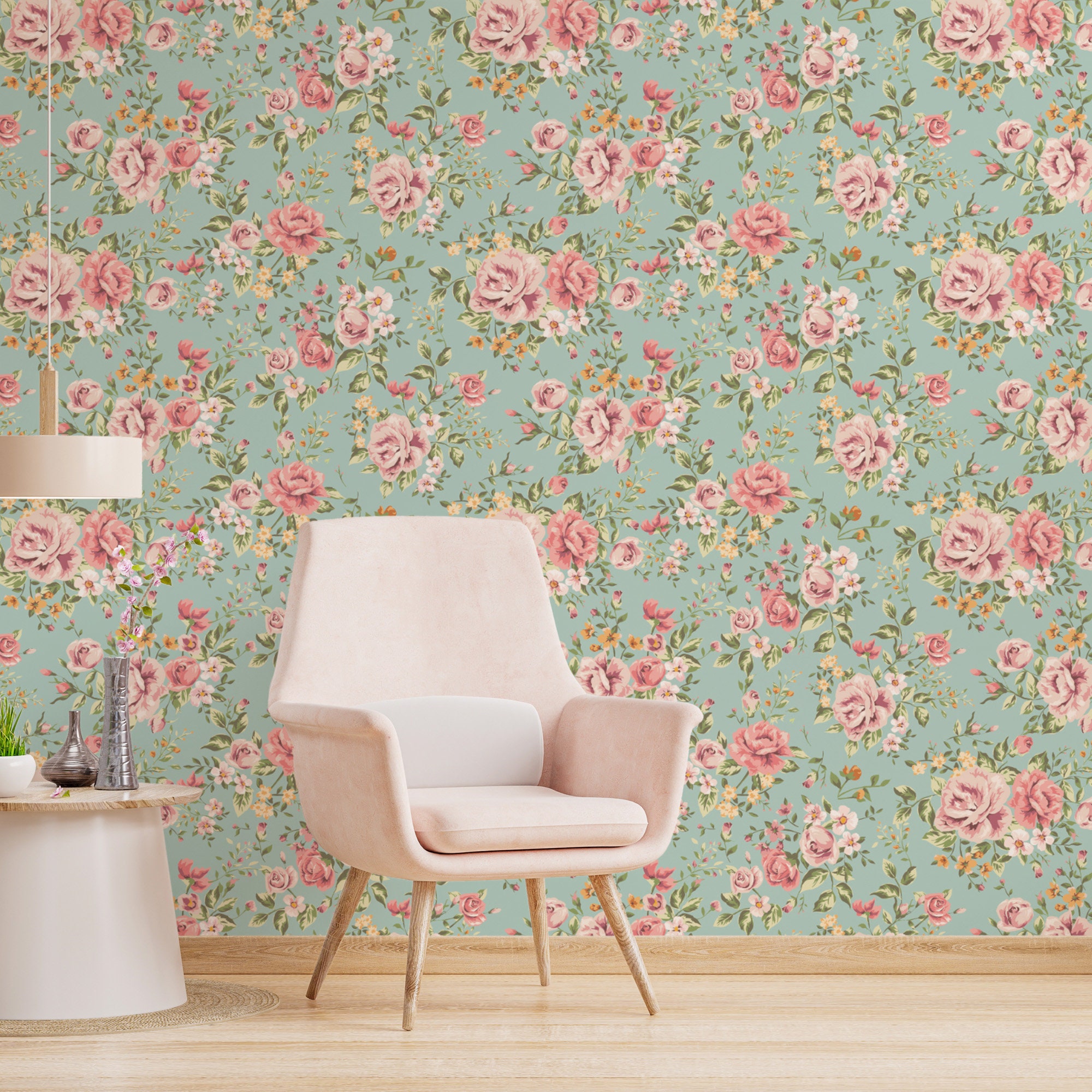 Pink Roses Wallpaper on Turquoise Background Vintage Floral Etsy