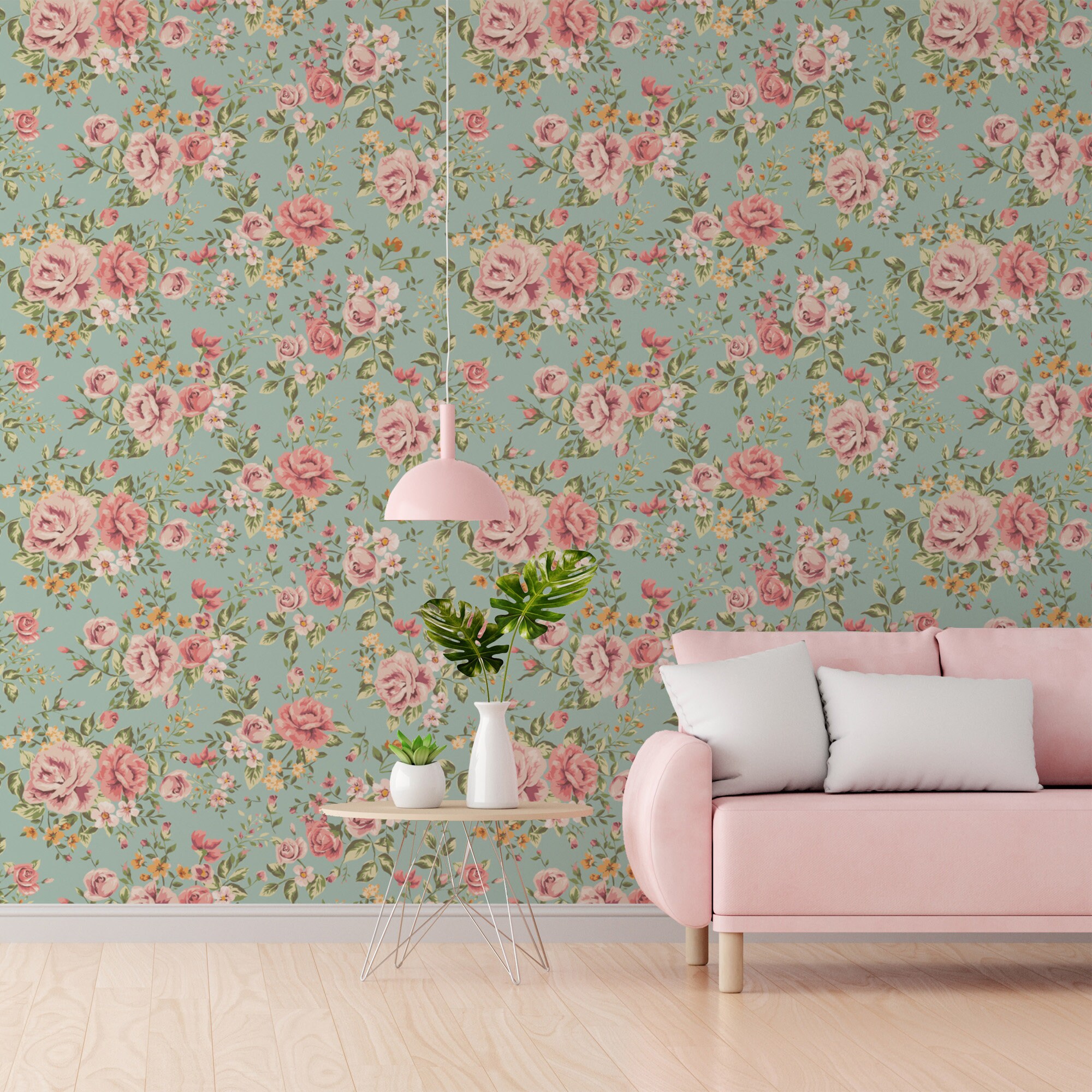 Pink Roses Wallpaper on Turquoise Background Vintage Floral Etsy