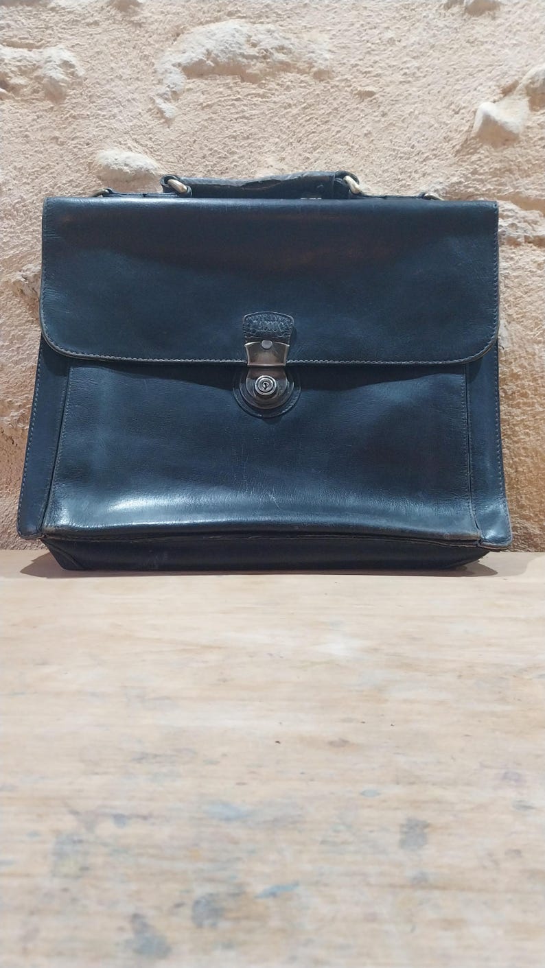 1950s French Vintage Black Leather School Satchel, Briefcase, Music or Messenger bag, large laptop bag. Good condition