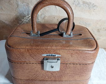 Vintage Airbus Vanity Case, Tan Faux Leather Travel Luggage, 1960's - 70's VEGAN LUGGAGE