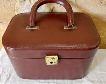 Neceser vintage francés de color granate, estuche de viaje de cuero
