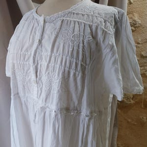 Vintage French short sleeve, three quarter length cottage core nightie, cotton nightgown, full length nightdress with embroidery