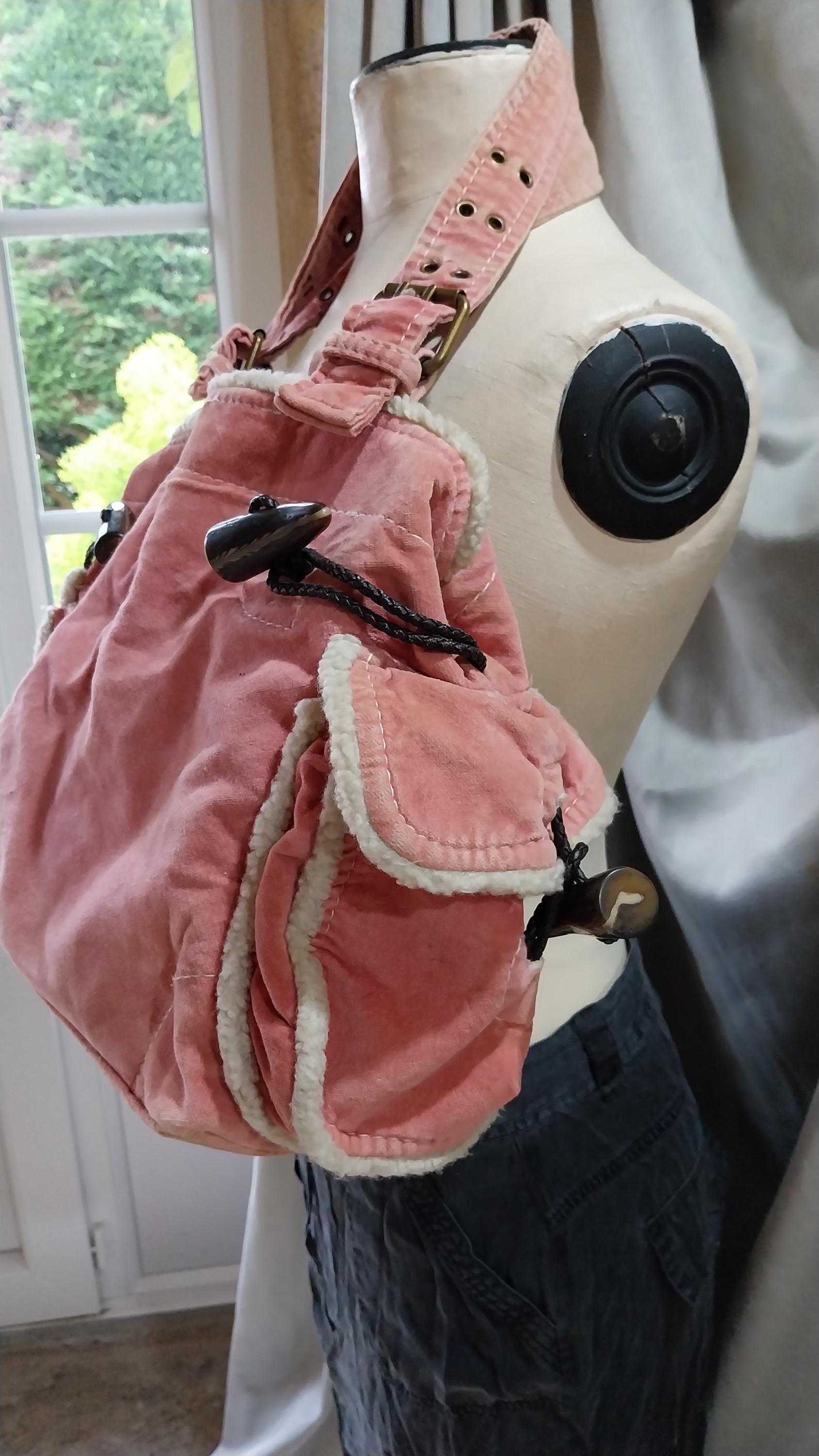 Gap Jeans Y2K Duffle Satchel Bag Pink Canvas, Faux Sheepskin Trims