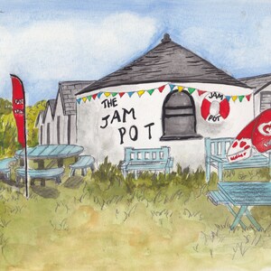 May include: A watercolour painting of a small building with a sign that reads "The Jam Pot". The building has a white exterior with a black roof and a large window. There are several tables and chairs outside the building, and a red and white striped umbrella.