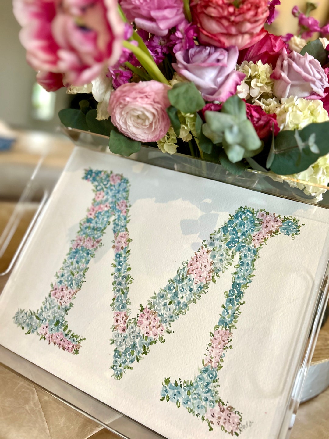Custom Watercolor Horizontal Monogram Initial in Acrylic Tray - Etsy