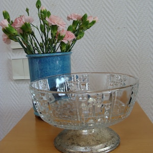 Vintage crystal and metal fruit bowl on pedestal / art deco