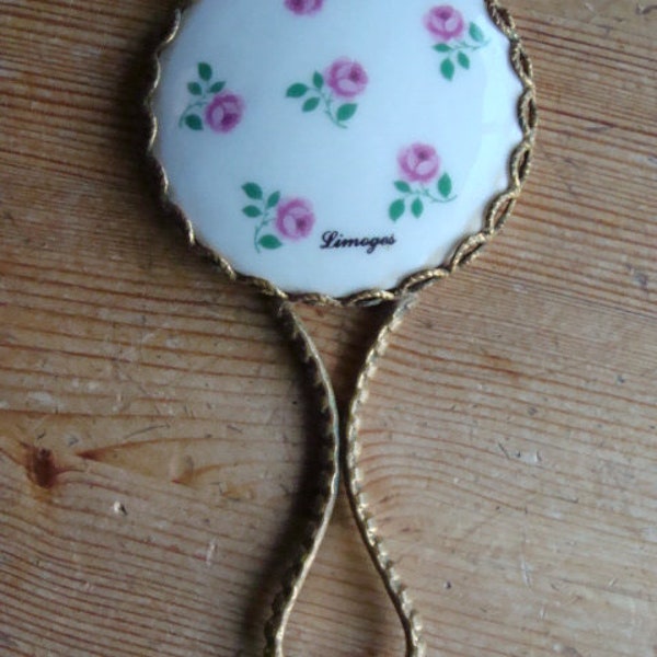 Petit miroir à main vintage en porcelaine de Limoges