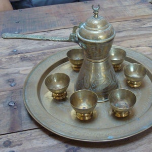 Vintage brass oriental coffee set, 6 cups, 1 tray