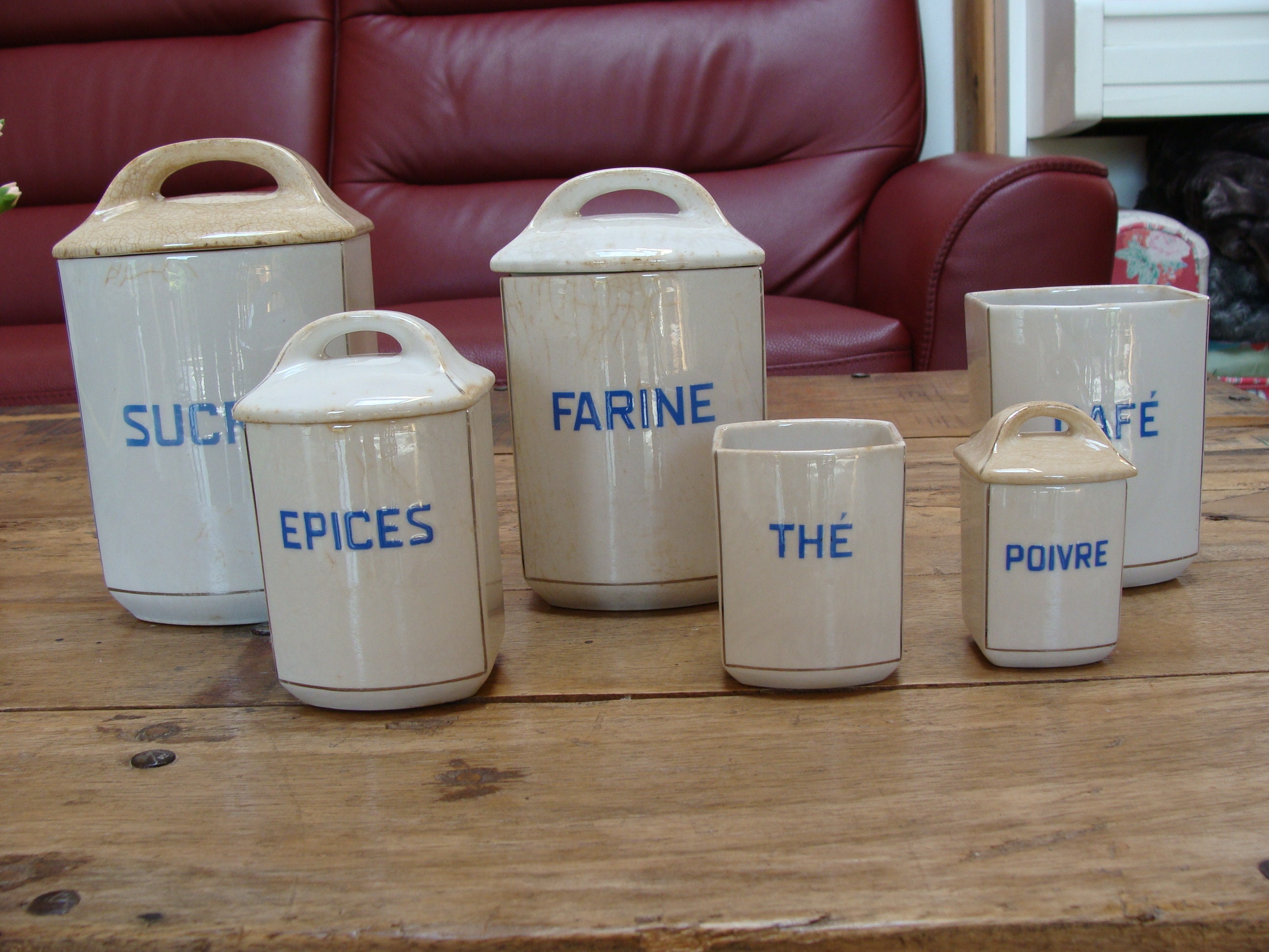 Ancienne Boîte à Épices Faïence LABRUT ET CIE – Série Complète 5 Pots – Vintage Blanc