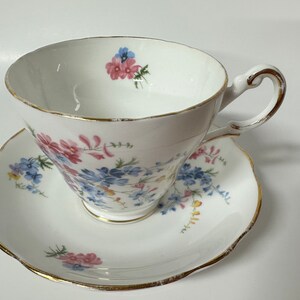Regency Tea cup and saucer England Fine bone china Pink Blue Yellow dainty floral