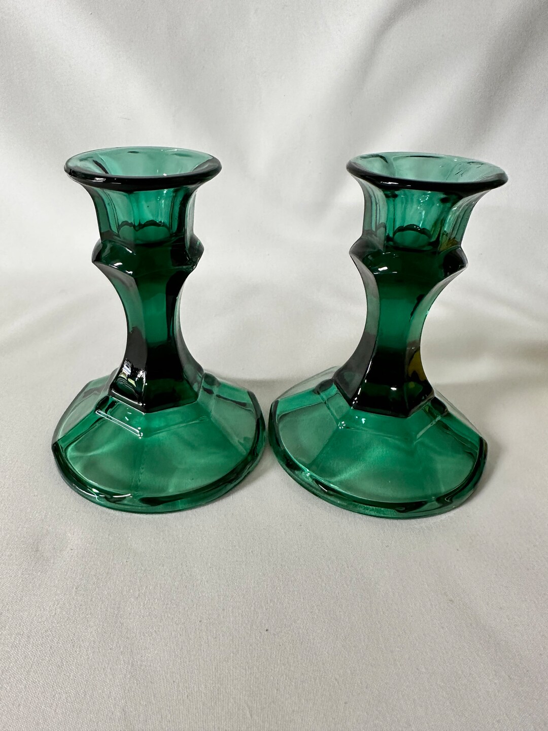 Set of 2 Vintage Emerald Green Glass Candle Stick Holders Etsy