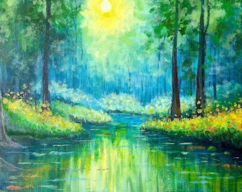 Green and Blue Landscape Painting on Stretched Canvas, Original Lake and Forest Painting, Canvas Abstract Nature Painting, Wall Decor