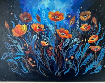 May include: A painting of orange and yellow poppies blooming in a field of blue and green foliage against a dark blue background.