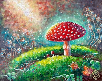 Pilz wunderliche Kunst • Roter Pilz Malerei • Einzigartiges Gemälde • Zauberwald • Geschenk für Naturliebhaber